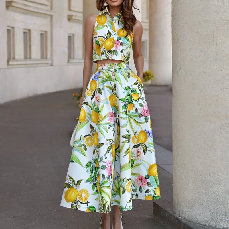Conjunto de Falda y Camisa sin Mangas con Estampado de Limones para Mujer, 2 Piezas, Verano 2026, Elegante, para Vacaciones