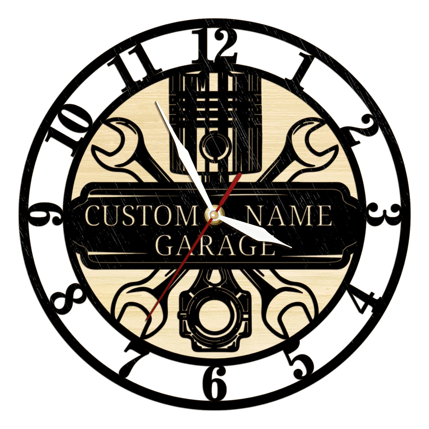 Custom Garage Tools Wooden Wall Clock Personalized Workshop Name for Car Mechanic Repair Decorative Timber Clock Handyman Gift