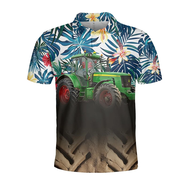 Tractor Farm 3D Print Hawaiian Polo Shirts For Men Clothes Casual Farmhouse Lapel Blouse Farmers Bumper Harvest Wheat POLO Shirt