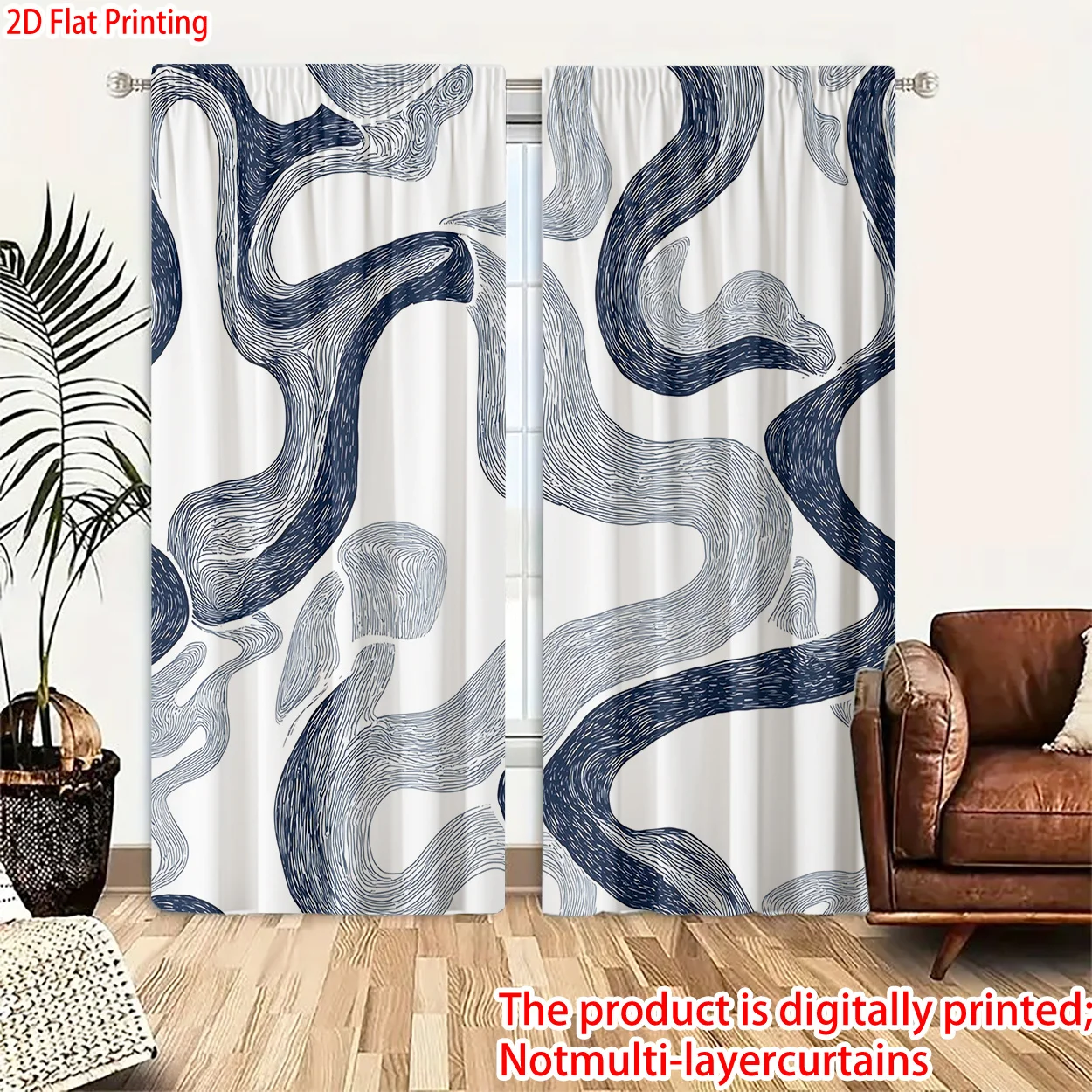 2D Flat - 2D Flat - Two Pieces of 2D Printed Curtains Made of Polyester, Featuring Abstract Line Patterns. These Light-Filtering