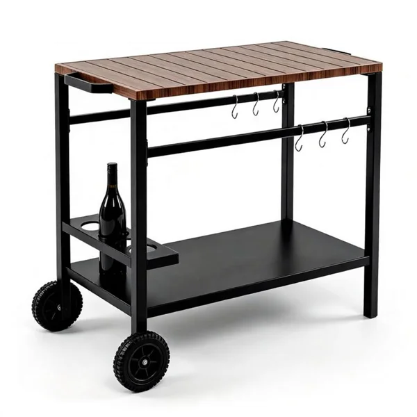 Outdoor BBQ Grill Prep Table with Stainless Steel Top Rolling Kitchen Cart with Storage Cabinet Spice Rack Tool Hooks Lockable Wheels Heavy Duty Portable Grill Station for Patio Backyard Pizza Oven Black Brown