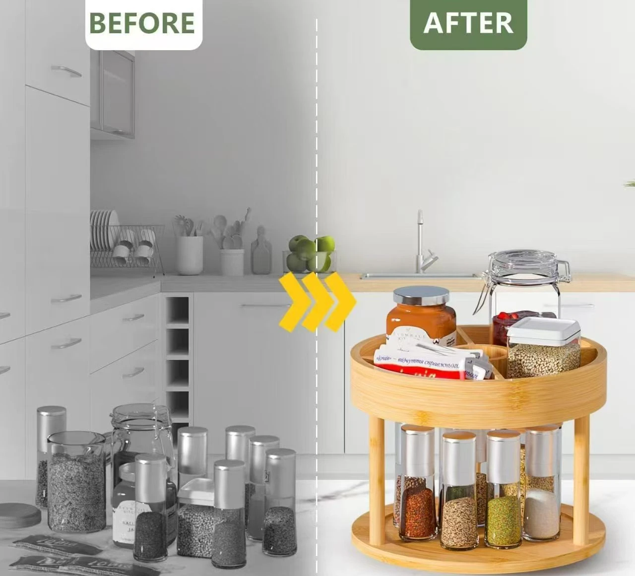 Simple bamboo double-layer shelf with grid kitchen seasoning finishing rack 360-degree rotatable desktop storage rack