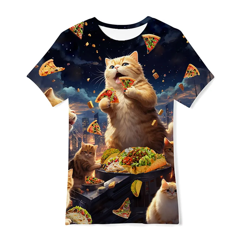 Camiseta con estampado 3D de gatos y galaxia para hombre y mujer, camisa de manga corta con estampado de gato, informal, cuello redondo