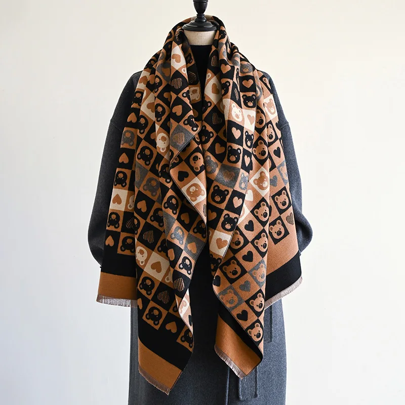 Brand Heart-Shaped Bear Plaid design luxury Bohemia Imitation Pashmina Thickened 2024 autumn and winter new scarf shawl