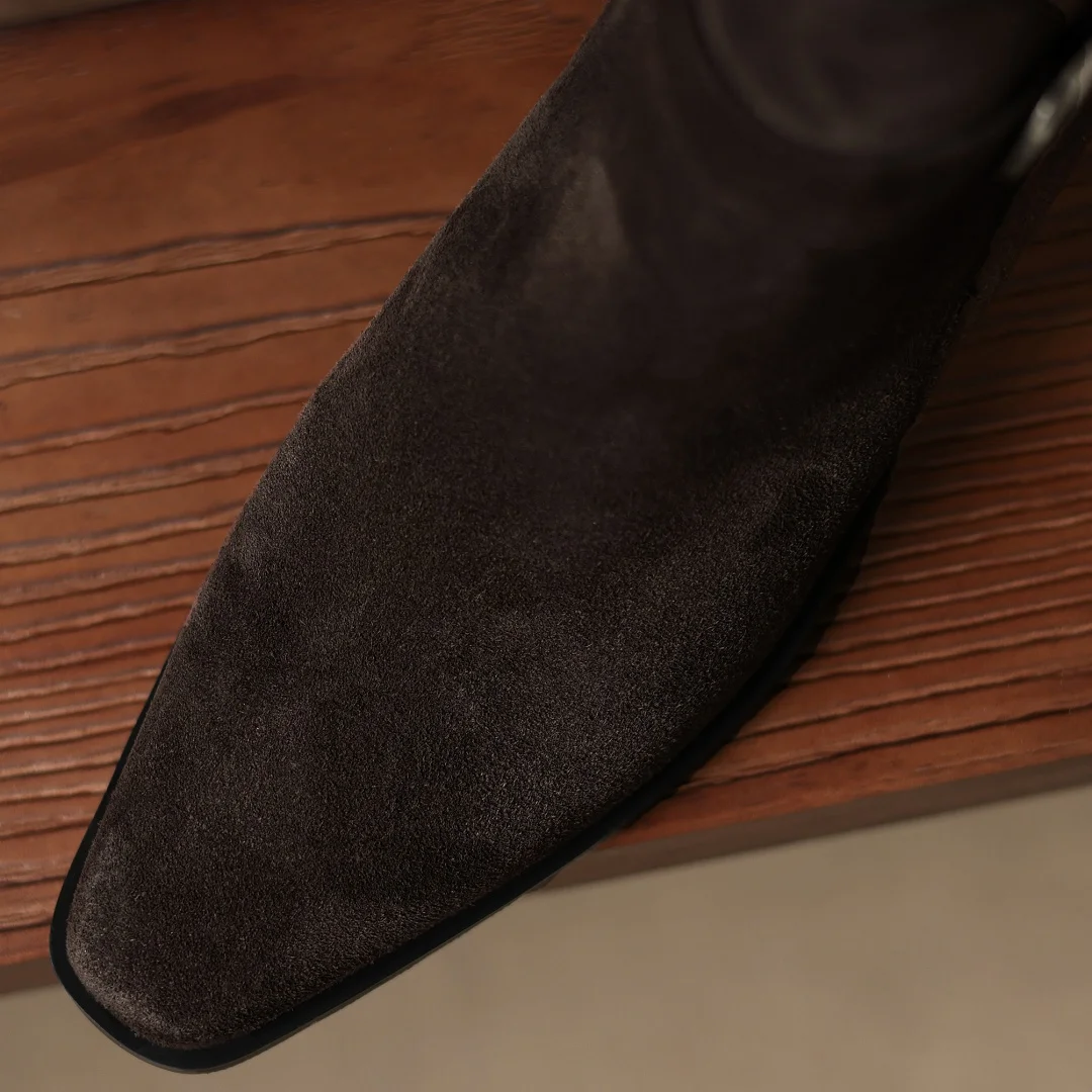 المرأة جلد الغزال الطبيعي ساحة تو مشبك معدني الجانب البريدي الخريف حذاء من الجلد 5.5 سنتيمتر سميكة ميد كعب الجوارب القصيرة عادية #5