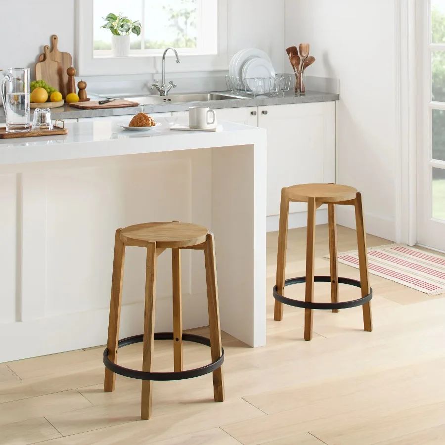 Mainstays 2-Pack Backless Indoor Counter Stools, Natural Acacia Wood with Black Footring, 24 in H