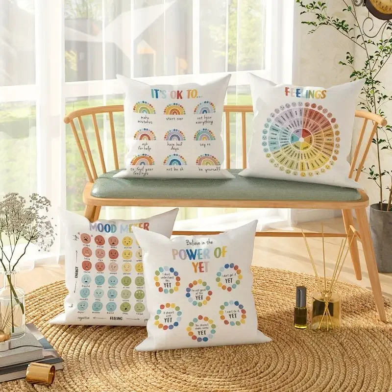 Wheel of Emotions Printed Pillow Case Mental Health Positive Cushion Cover for Home Sofa Decor Office Chair Car Seat Pillowcase