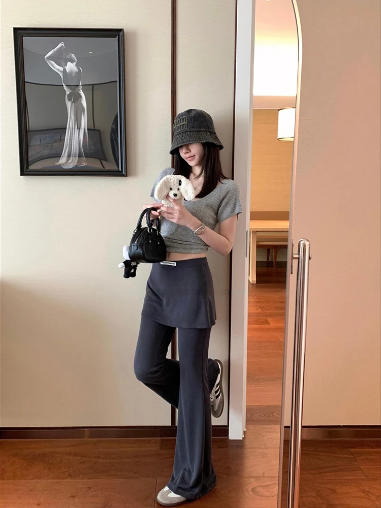 High grade silky smooth and wrinkle resistant pants slimming slightly flared design women fake two piece fart curtain pants