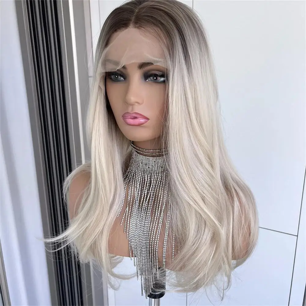 Long Soft 180Density 26Inch Ombre Ash Blonde Gray Body WaveLace Front Wig For Women With Baby Hair Preplucked Daily Glueless