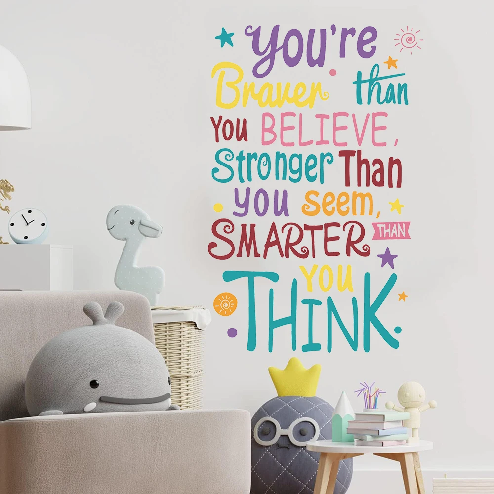 You Are Brave Smart Stronger Slogan Wall Stickers Baby Nursery Kids Room Motivation Inspiral Quote Wall Decals Bedroom Decor