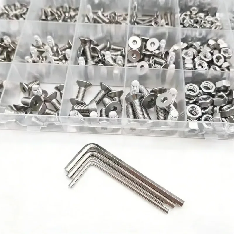 1230Pcs Hexagon Hex Socket Flat Head Screw Set M2.5M3M4M5 Stainless Steel Allen Countersunk Head Screw Bolt Nut and Washer Set