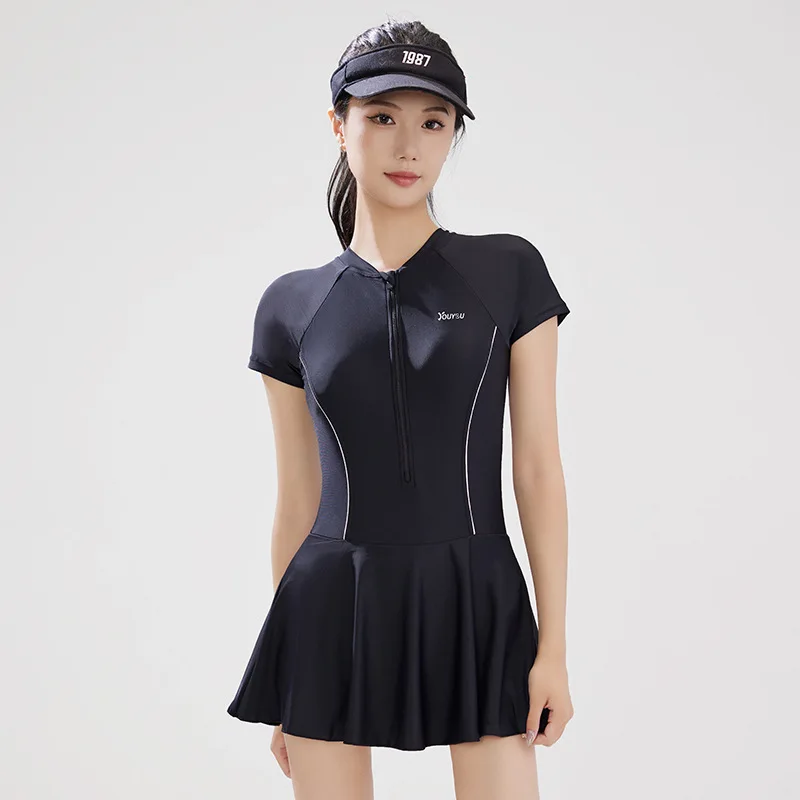 

Women Sun Protection Short Sleeve Outdoor WaterProof Surfing Beach Swim Skirts Female UPF50+Quick-Dry Front Zip Push Up SwimWear