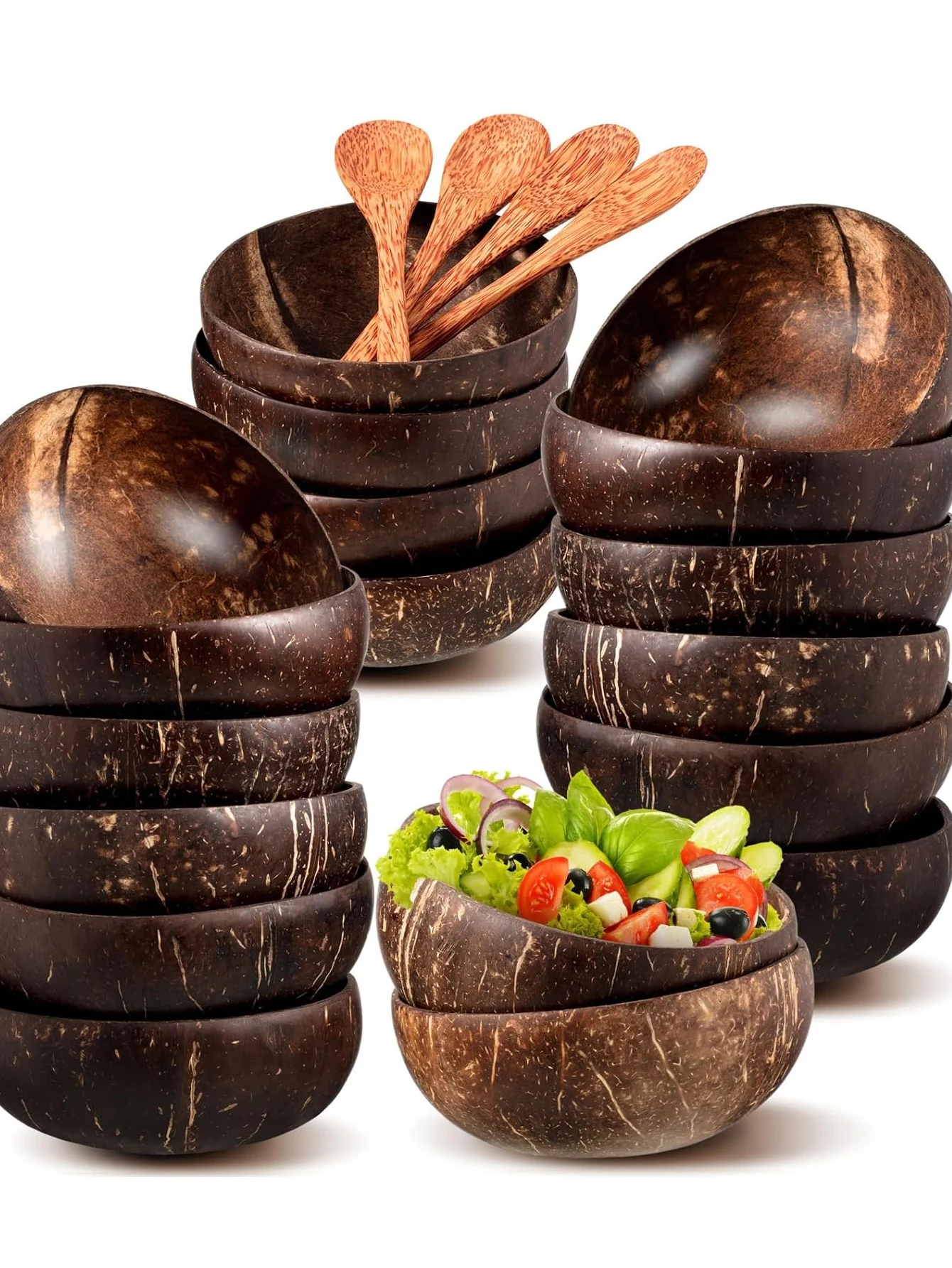 코코넛 쉘 볼 스푼 세트, 빈티지 라운드 우드 볼, 샐러드 볼, 해변 파티, 다이닝 브론에 적합한 스무디 디저트 볼, 1/2 세트 
