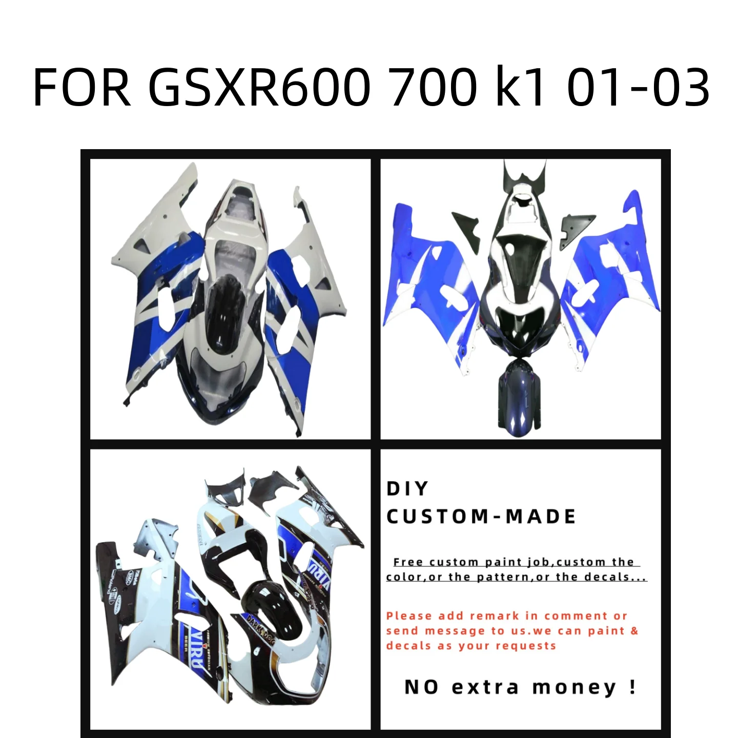 NEW for K1 GSXR 600 750 2001 2002 2003 gsxr600 gsxr750 full Fairing ABS Body Kit Motorcycle Fairings FOR GSXR600 GSXR750 01-03