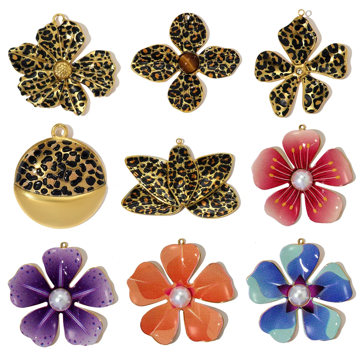 3 teile/los Große Größe Edelstahl Leopard Print Emaille Blume Halskette Anhänger Clover Lotus DIY Ohrringe Charms Frauen Schmuck