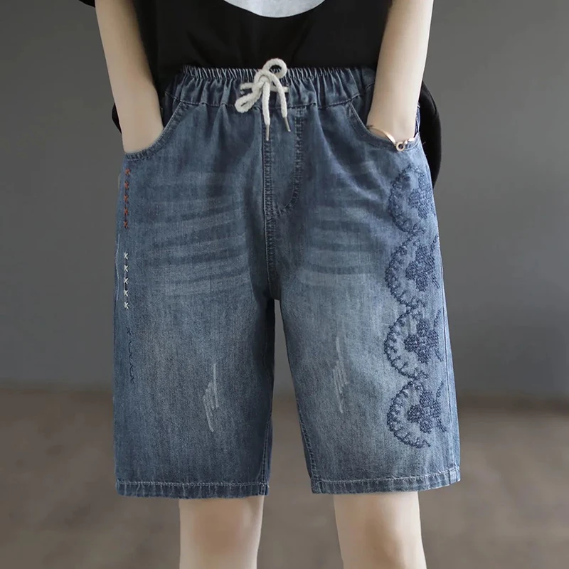 

Summer new lace up elastic waist jeans women loose and retro embroidered casual versatile five quarter straight leg pants