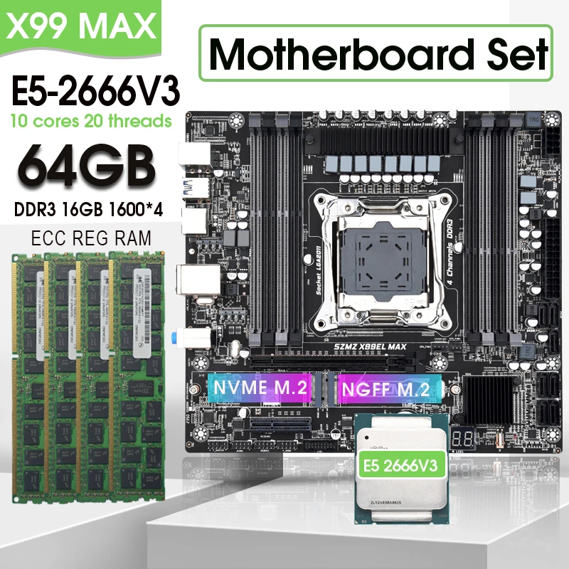 X99 DDR3 Quad channels Motherboard set LGA 2011 V3 kit xeon with E5 2666V3 CPU 4*16G=64GB DDR3 1600MHz RECC RAM X99 motherboard