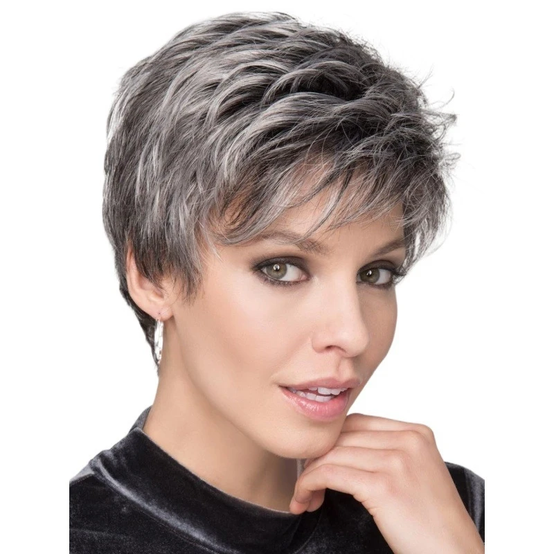 

Short curly , gray-white for the elderly, -parted high-temperature fiber wig with side bangs