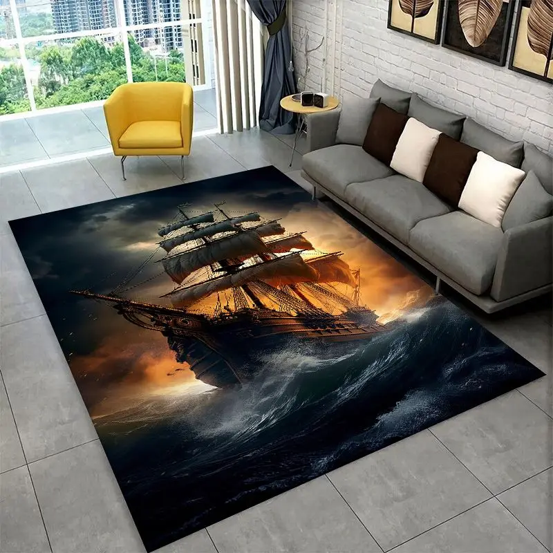 Storm Pirate Ship Boat Barque Large Area Rug Non-slip Durable Carpet for Bedroom Living Room Sofa Doormat Home Decor Floor Mat