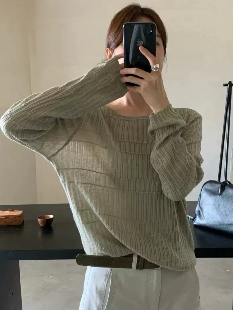 Casual Loose Long Sleeve round Neck Texture T-Shirt Thin Versatile Top for Early Autumn Comfortable Breathable Moisture Wicking
