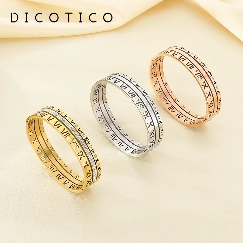 Fashion Roman Numerals Stainless Steel Cuff Hollow Bangle For Women Three Layer Gold Silver Color Charm Wedding Bracelet Jewelry