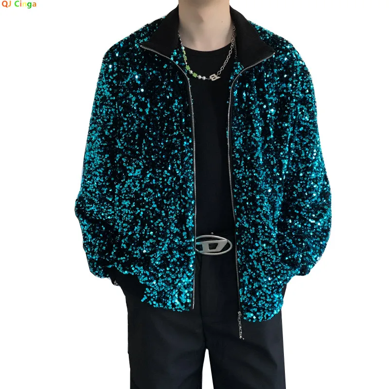 Best Seller: Loose-fitting Men's Long-sleeve Jacket with Blue Circular Sequin Embellishments;Unisex Top for Singers,Dancers, DJs