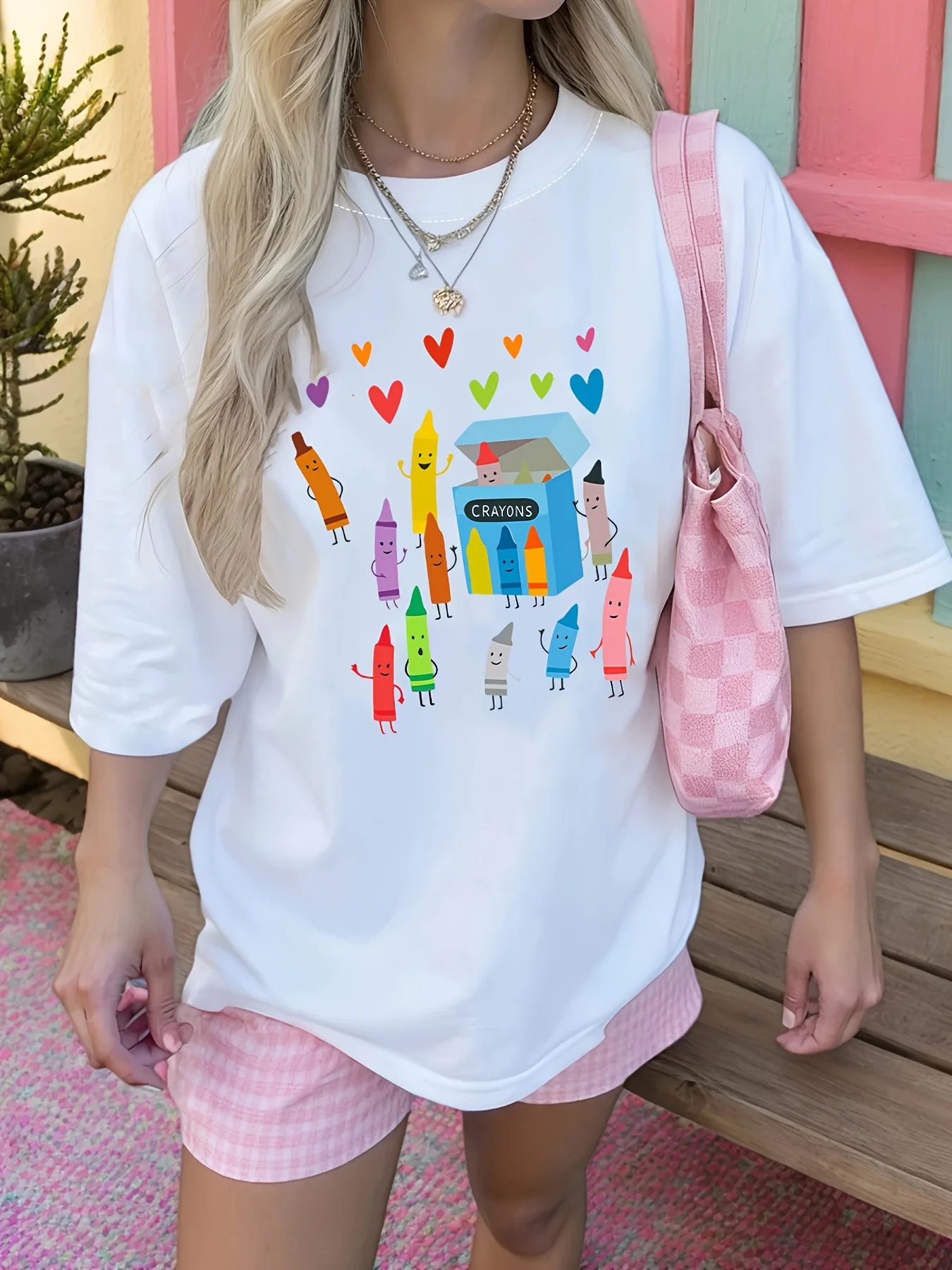 Women'S Crew Neck Short Sleeve T-Shirt With Crayon Drawing Print | Casual, Slight Stretch Fabric, Ideal For Spring/Summer