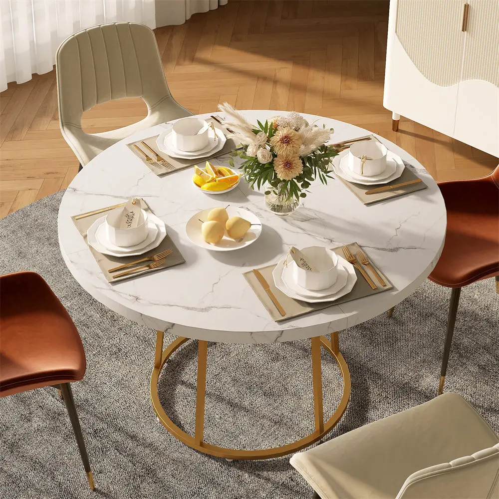 Mesa de comedor redonda para 4 personas, mesa de cocina de 47,24 pulgadas con patrón de mármol de madera, mesa de comedor con Base dorada para el hogar y la Oficina