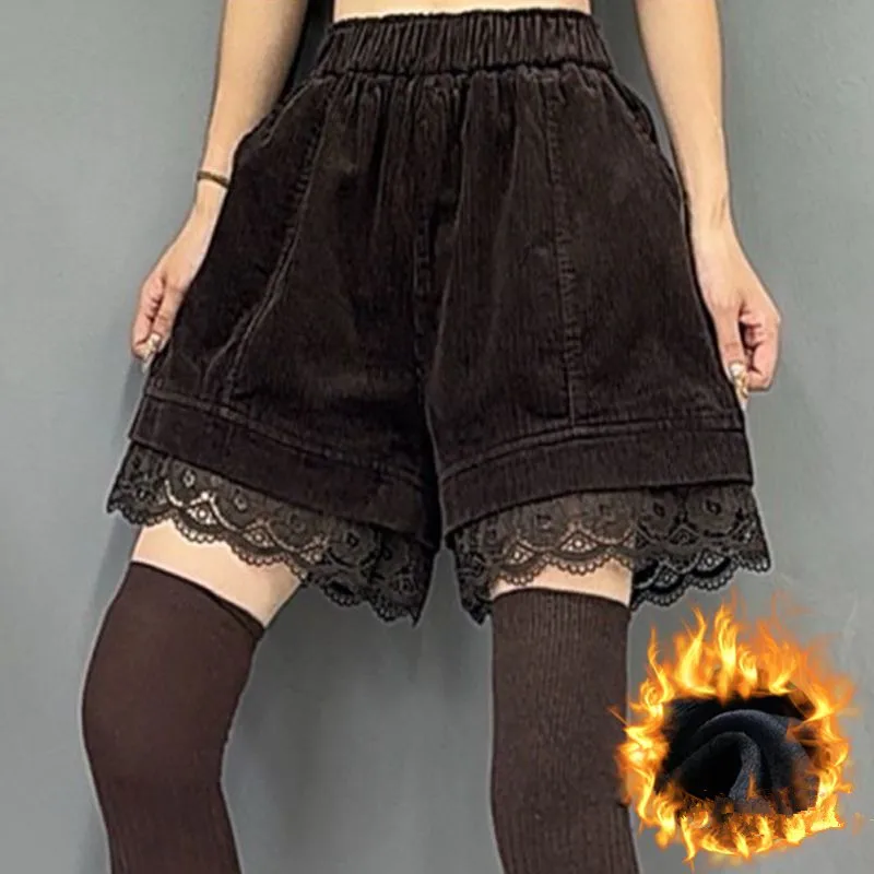 Women's High Waist Wide Leg Pants Corduroy Lace Trim Fleece Warm Shorts Casual Ladies Boots Short Black Autumn Winter New 2026