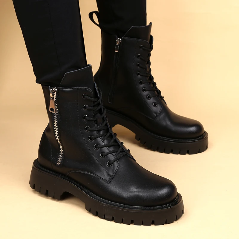 big size men's fashion high motorcycle boots black stylish autumn winter shoes cowboy genuine leather boot platform botas hombre