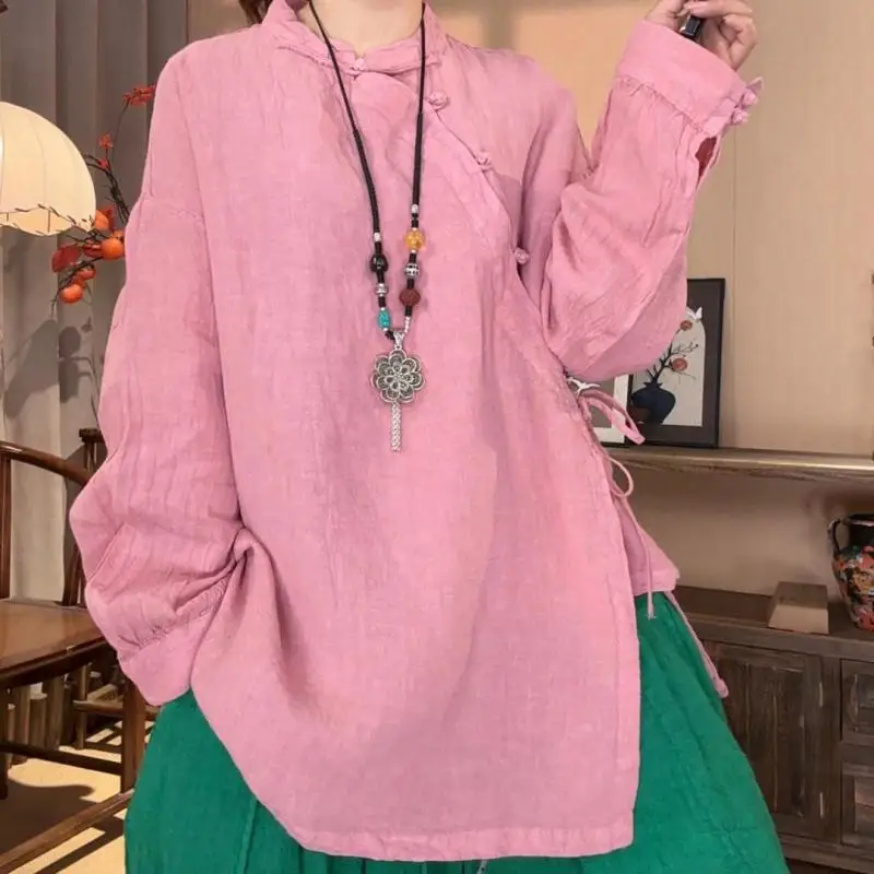 

Весенняя коллекция 2026: Женская свободная повседневная блузка в стиле арт с воротником-стойкой, длинным рукавом, винтажная, на одной пуговице, из хлопка и льна