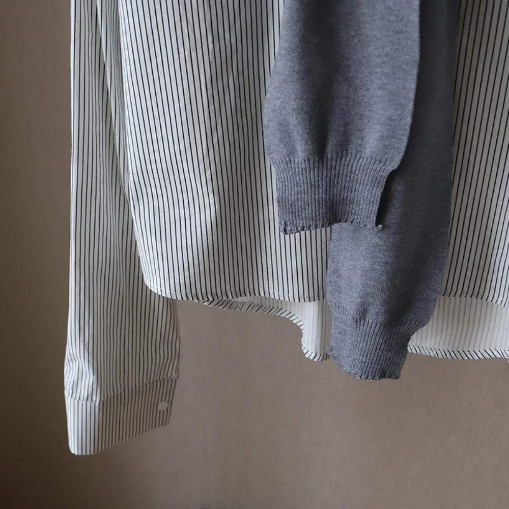 

Korean Y2K Striped Shirts Women Button Up Embroidery Letter Two Pieces Set Blouse Preppy Style Loose Knitted Shawl Blouse Girls