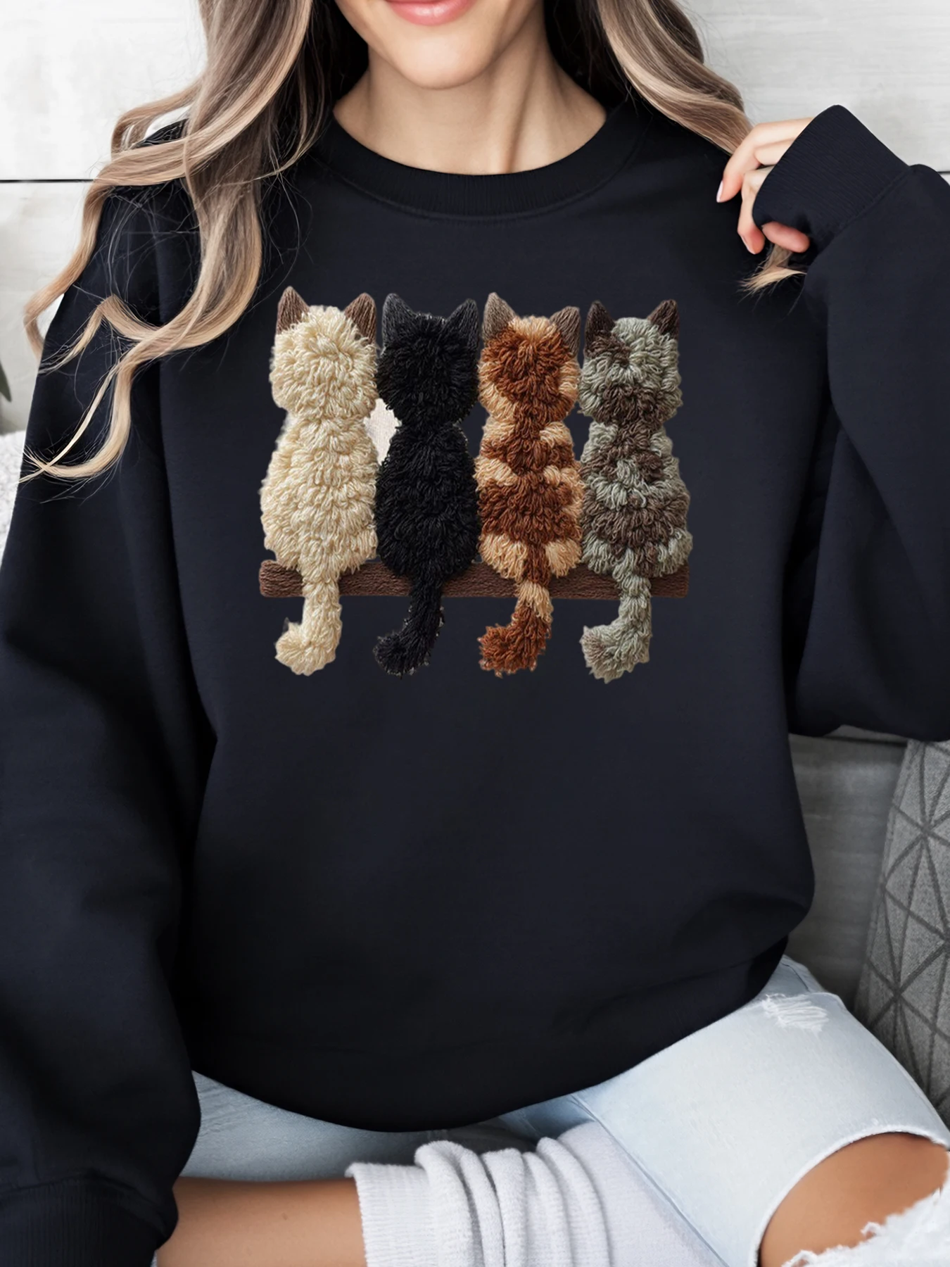 

Толстовка с принтом «Кошки на скамейке», осенне-зимняя женская повседневная одежда больших размеров