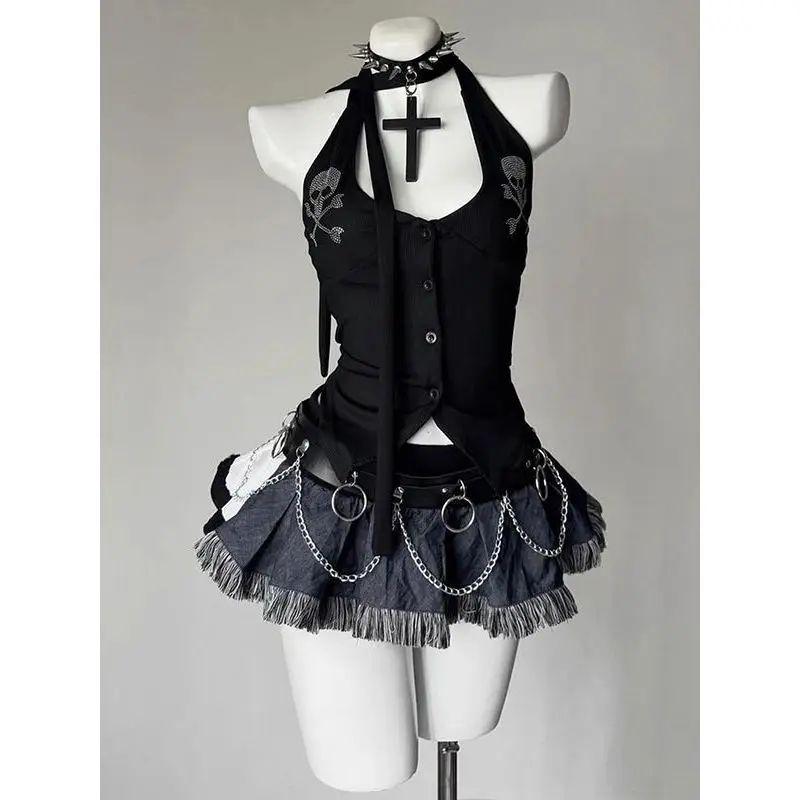 Bla Skeleton Desain Glitter Rompi Atasan Gantung Manis dan Pedas Y2K Vintage Sle Faion Set Pakaian Wanita