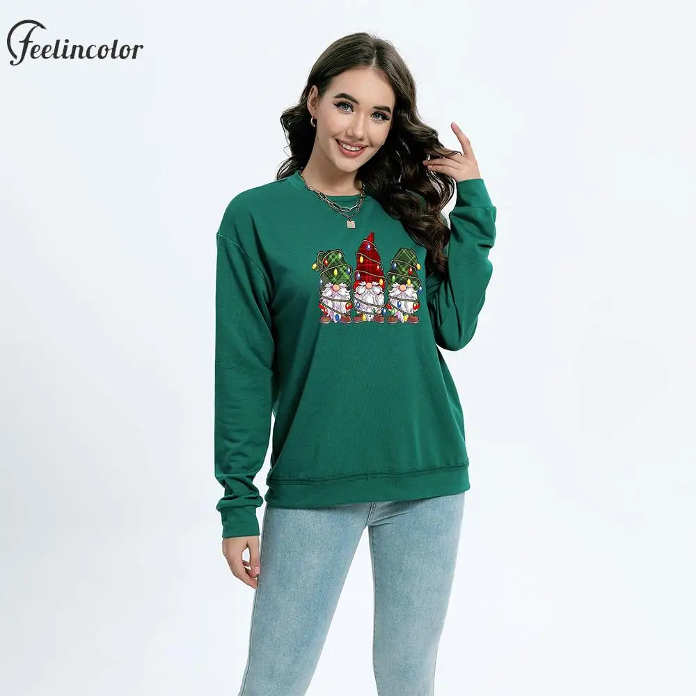 

Green Red Dwarfs Pattern Christmas Sweatshirt for Woman Long Sleeve Crewneck Sweatshirts Xmas Party Pullover Casual Streetwear