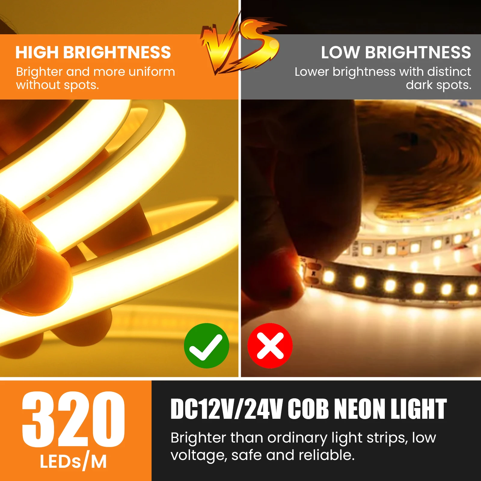 12V 24V COB LED Strip Neon Rope Light 0.5M-20M Waterproof 320LEDs/m High Density Linear Lighting LED COB Tape for Home Garden
