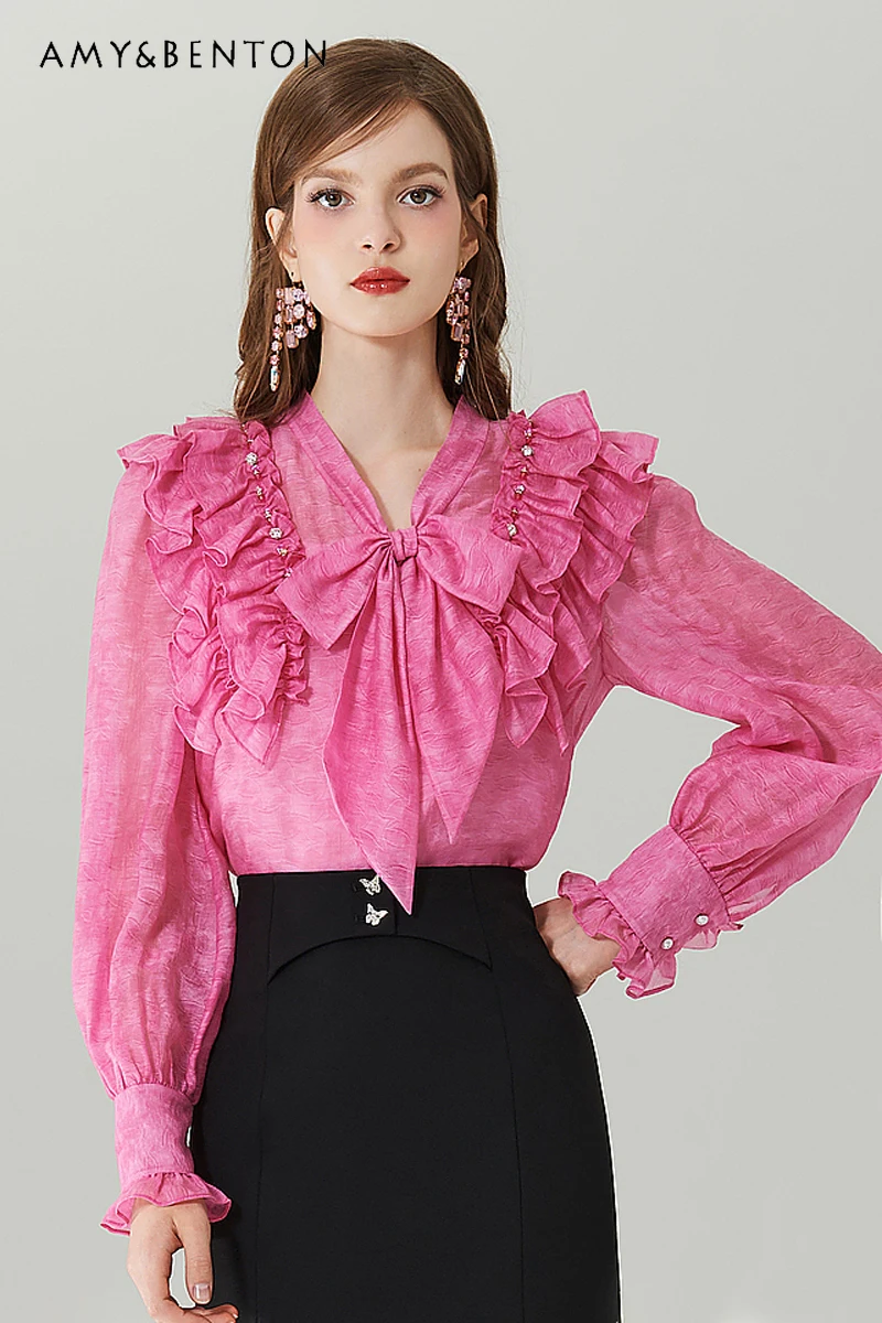 French Elegance Ruffled Pink Blouse Women Spring New Sweet Bow Rhinestone High-Grade Women Shirt V-neck Lantern Sleeve Shirts