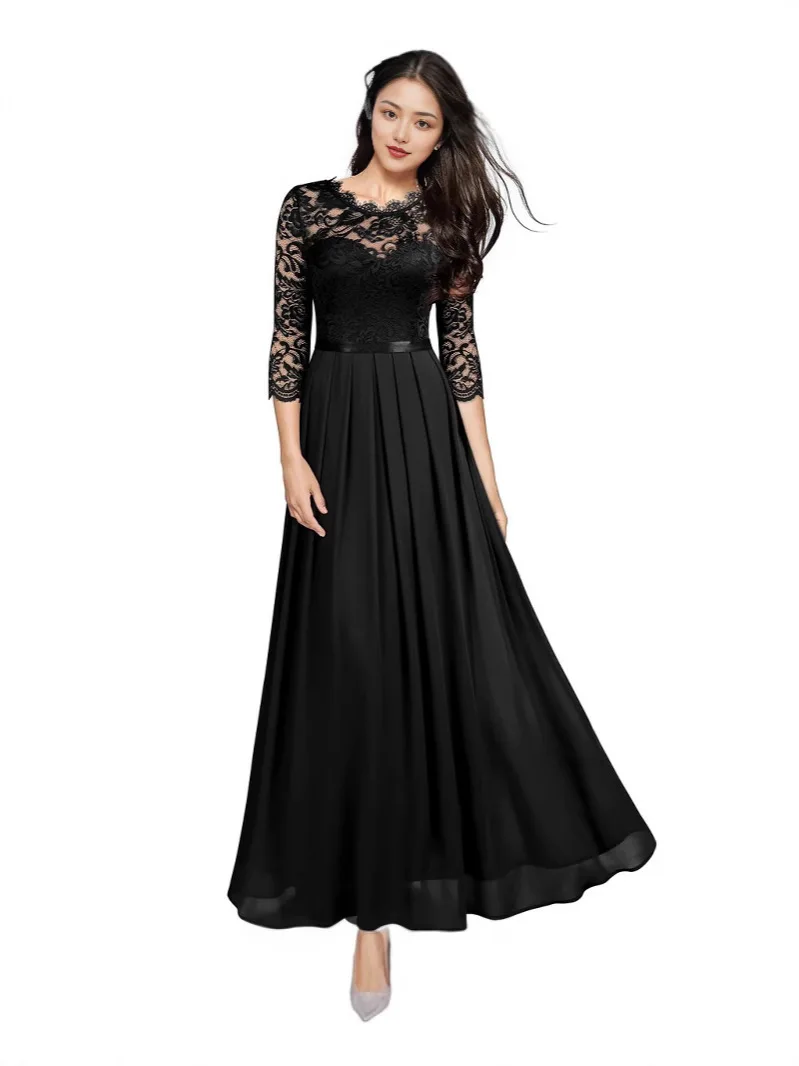 Lace Patchwork Chiffon Evening Dress Crew Neck Maxi Gown Sexy S-XXL