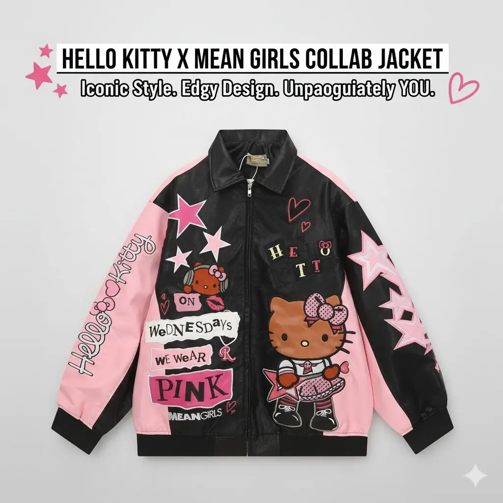 

​​Hello Kitty Women's Zipper Bombers Jacket - Block Color with Stars, Y2K Embroided Kawaii Fashion​​ Moto Coat Winter Clothes
