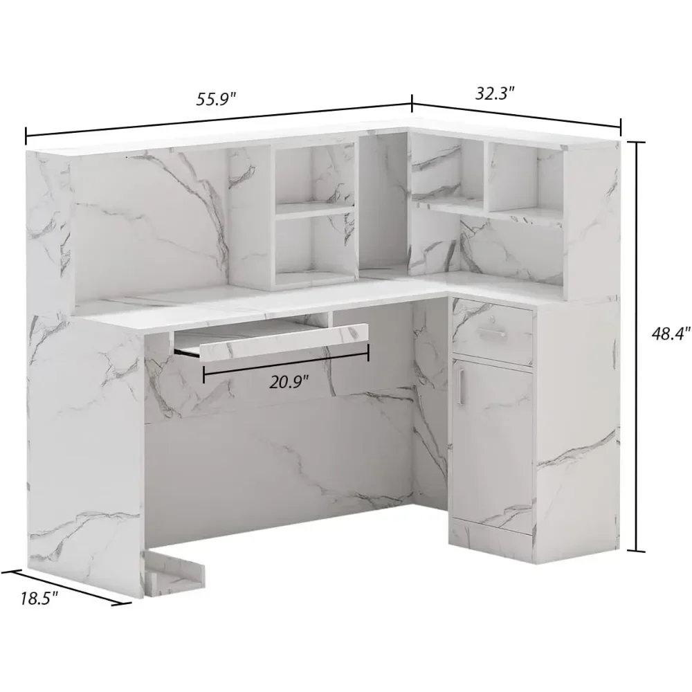 Modern Reception Desk Counter Table, L-Shap Reception Room Front Desk with Lockable Drawer & Open Shelves, Retail Counter