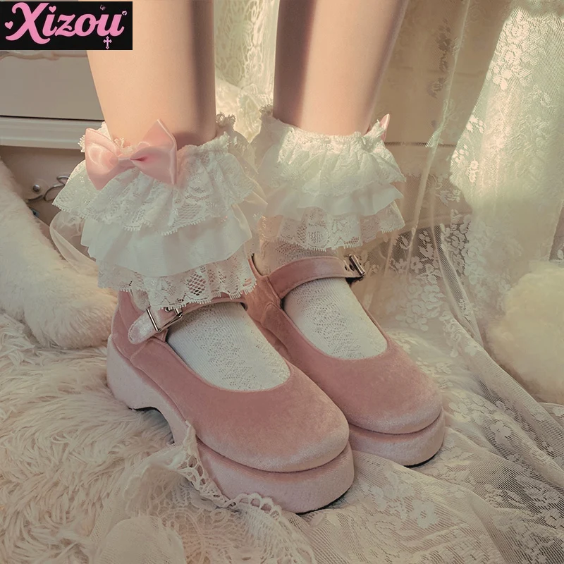 Japanese Sweet Cute Pink Lolita Lace Bow Cotton Bunching Socks Beautiful Fairy Women Girls Lace Socks for Spring and Autumn