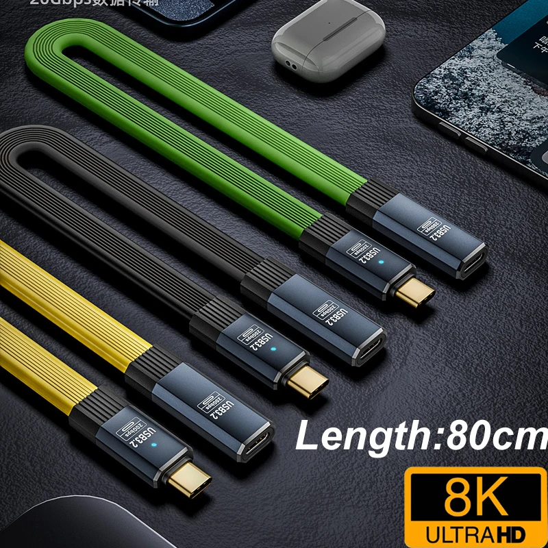 

8k@60Hz USB 3.2 OTG 20 Гбит/с Тип C Плоские данные PD100W 20V 5A Мужской/Женский Видео Аудио Быстрое зарядное устройство QC4.0 HDTV Телефонный кабель для iPhone