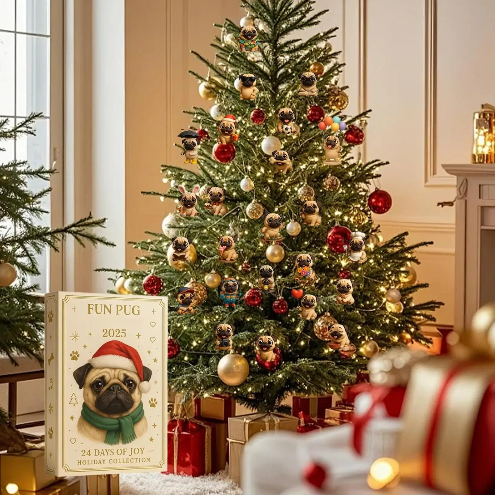 Mops Weihnachten Advent 2025, 24 Tage, 2D-Acryl-Hund, saisonales Dekor, Mops-Baumschmuck, Countdown-Kalender für Zuhause, Kinder, Erwachsene, Hund