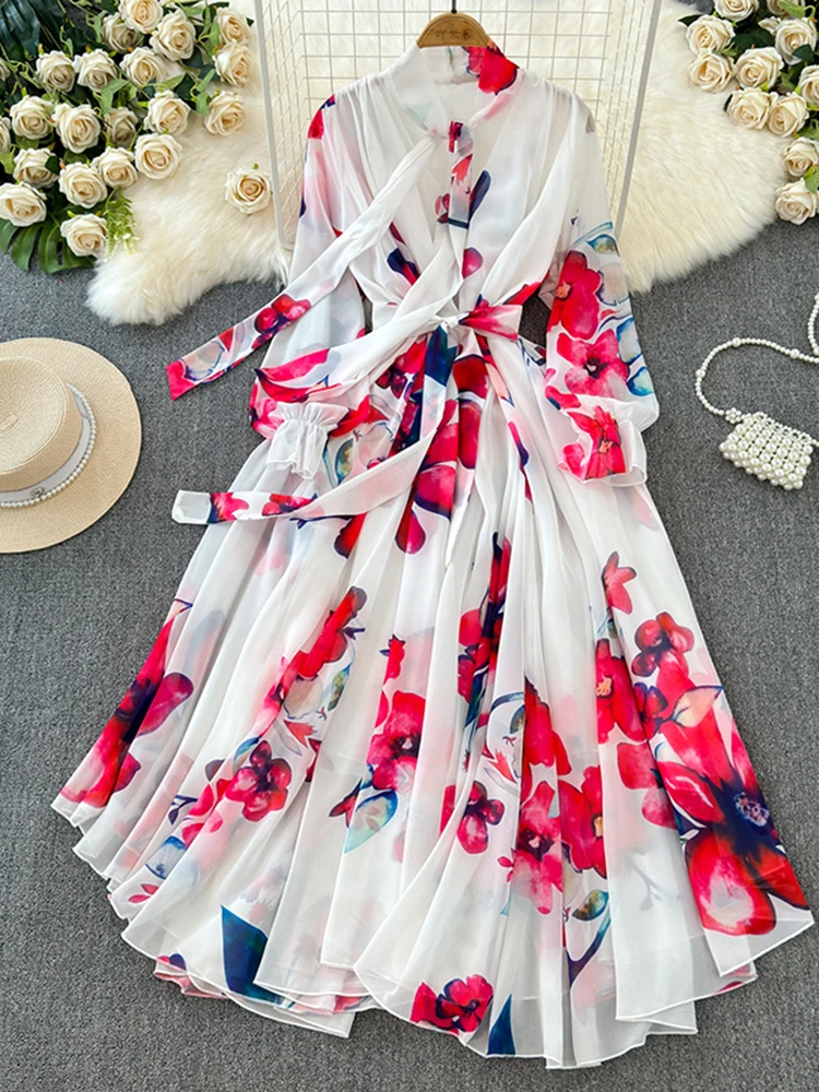 Elegantes französisches Chiffonkleid für Frühling und Sommer, langärmlig, locker geschnitten, Übergröße, mit Schnürung und Schleifenkragen, weit ausgestelltes Urlaubskleid S496