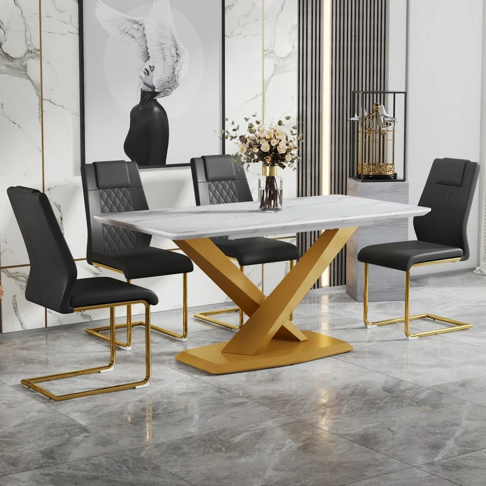 

Table and Chair Set White Imitation Marble Dining Table MDF Top and Golden Legs,Dining Chairs,Chairs Made of Artificial Leather.