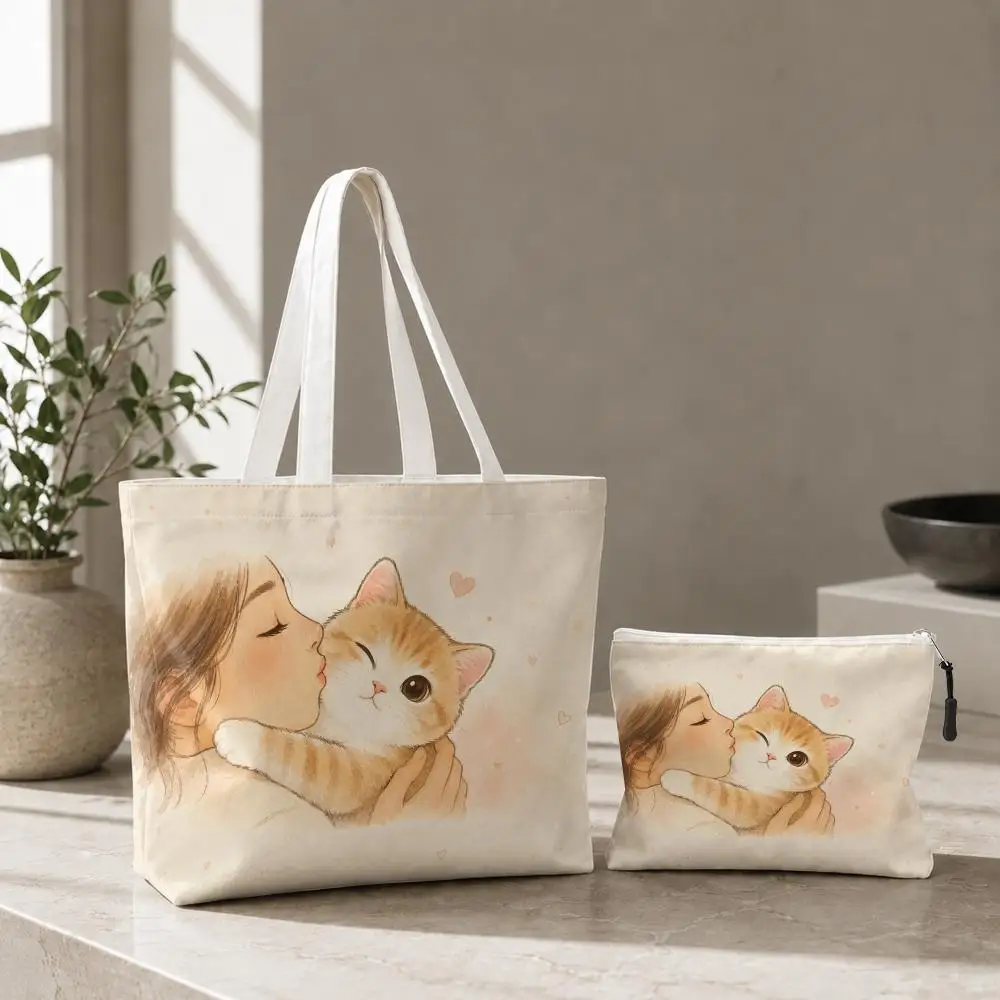 Watercolor Girl Kiss Kitten Storage Bags 2-Pcs Canvas Tote Bag with Zipper Reusable Tote Bags for Shopping Travel Work Gifts