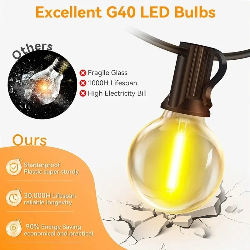 Solar String Lights Outdoor Remote Shatterproof G40 Bulbs Solar Powered&USB Charging Patio Light Dimmable Waterproof for Outside