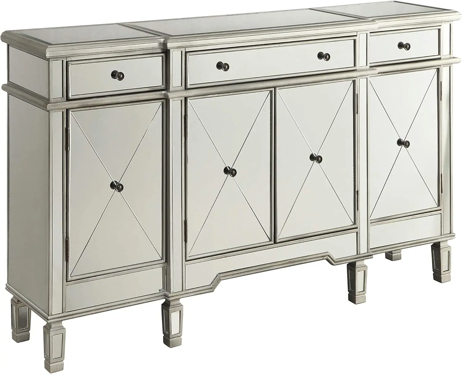 Coaster Mirror Panel 4-Door Wine Cabinet with Removable Wine Rack Silver  rolling cart  utility cart  kitchen furniture