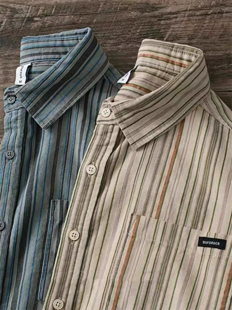 

Мужская повседневная рубашка-поло в ретро-японском стиле с воротником-стойкой, в полоску, универсальная, свободного кроя, для весны и осени...