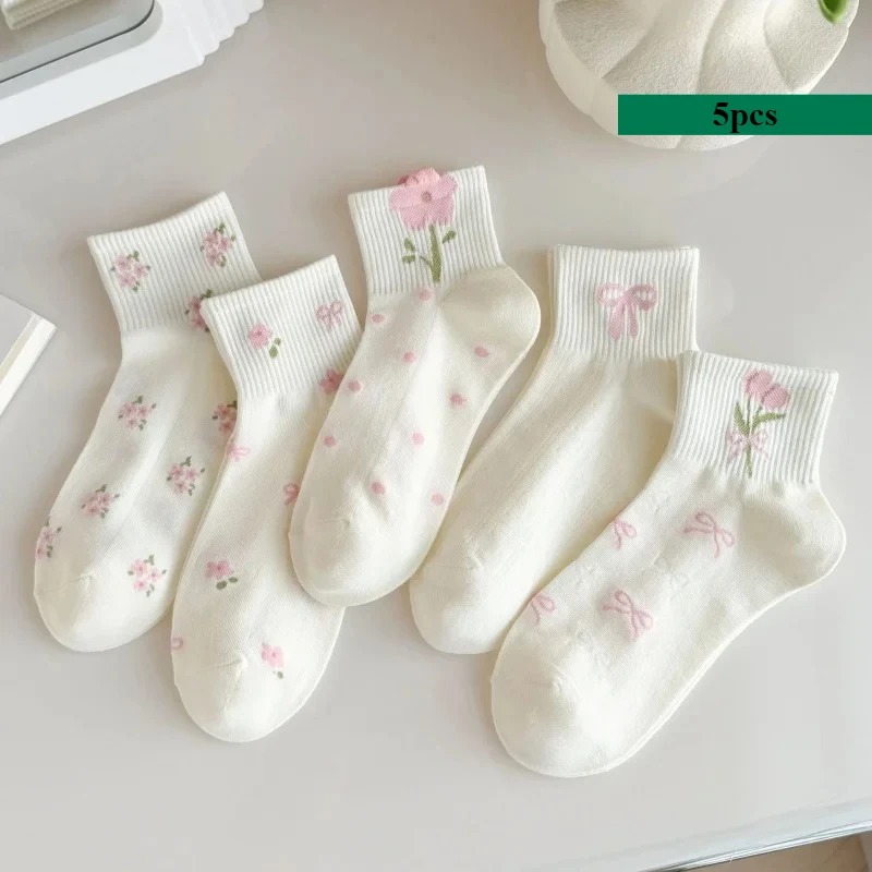 Cute Sweet Flower Socks for Women Short Breathable Anti-Odor Skin-Friendly Spring Summer Casual Sports Socks 5pcs